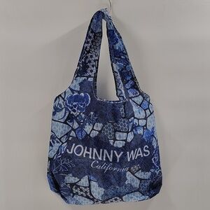 Johnny Was Nylon Reusable Tote Shopping Bag Blue On Blue Flower Print